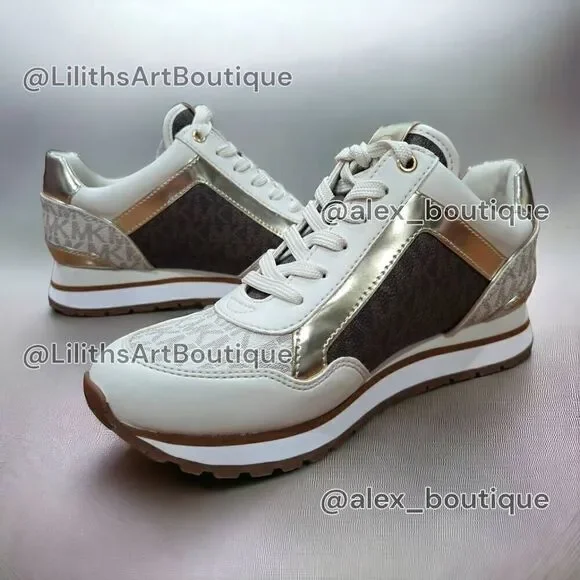 Michael Kors Maddy Vanilla/ Brown Two-Tone Logo Trainer Women's Sneakers 5.5 - Picture 1 of 13